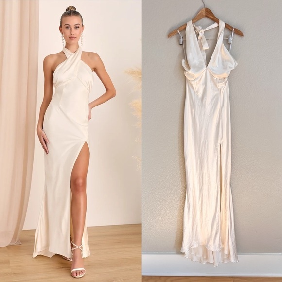 Start of Forever Ivory Satin Halter Mermaid Maxi Dress Small - Picture 4 of 13